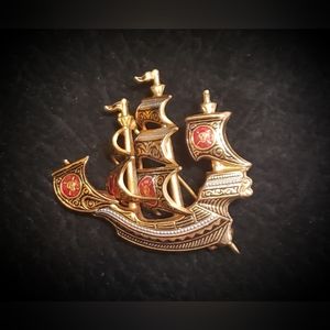 Vintage Damascene Brooch Pirate Ship Spanish Galleon Gold Tone Made in Spain